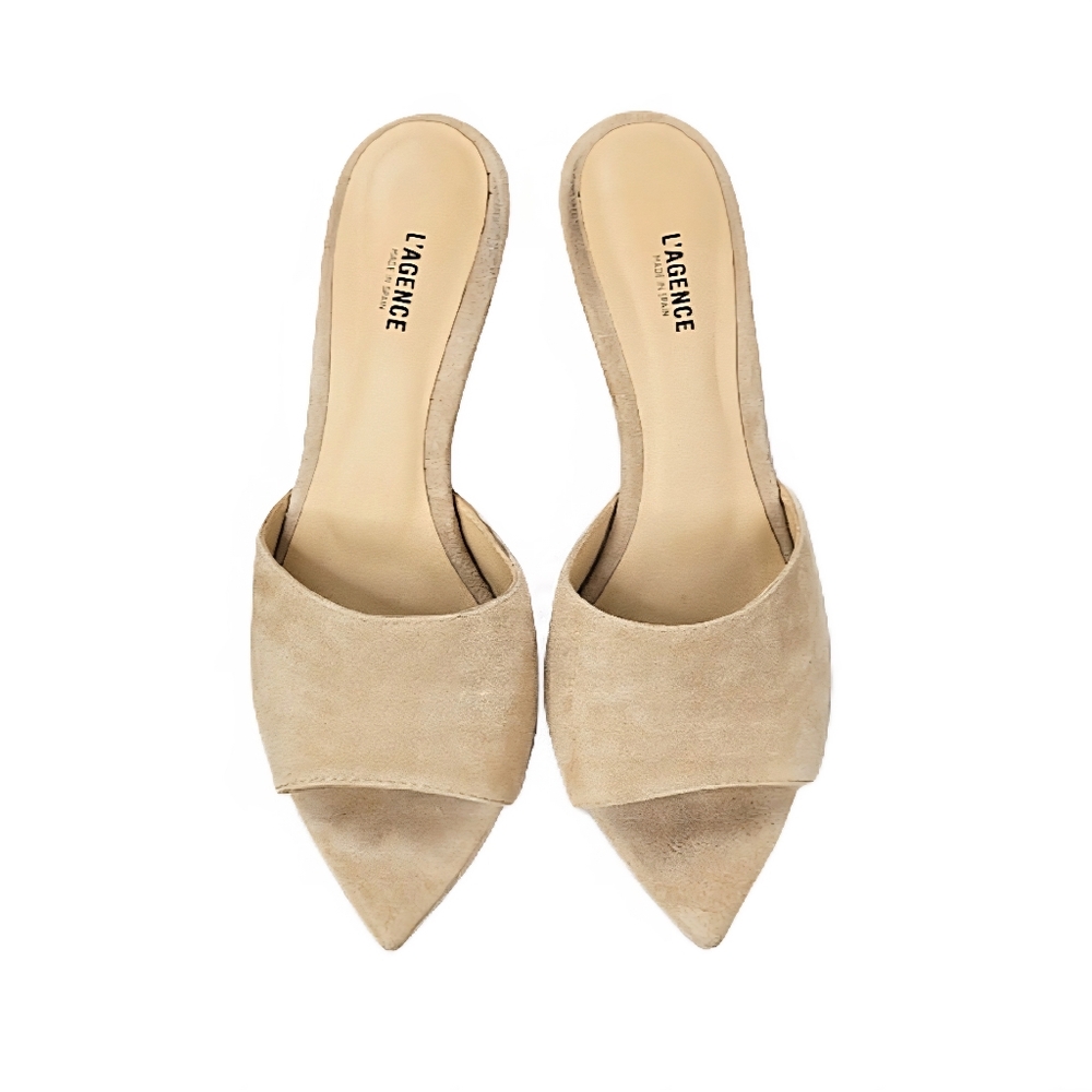 L'AGENCE Taupe Suede Pointed-Toe Slide Heels